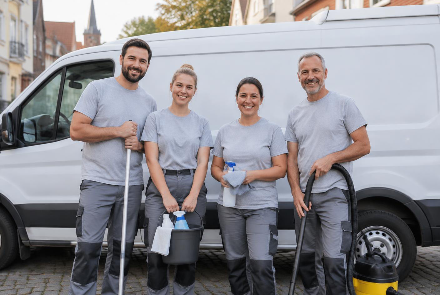 Reinigungsteam von BuxClean vor einem Gebäudeeingang in Buxtehude